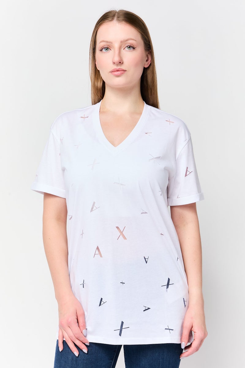 armani AX Armani Exchange Women V-Neck Short Sleeve Textured T-Shirt, White - Image 1